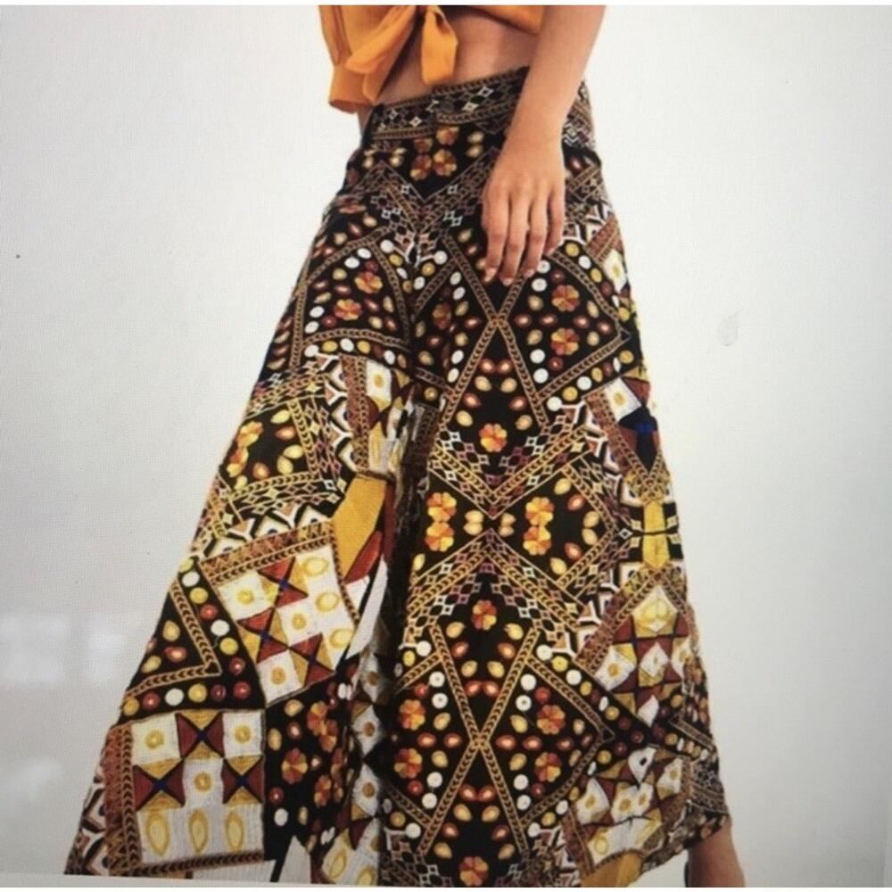 Farm Rio Embroidered Wide Leg Pants Black Multicolor Geometric Cotton Medium